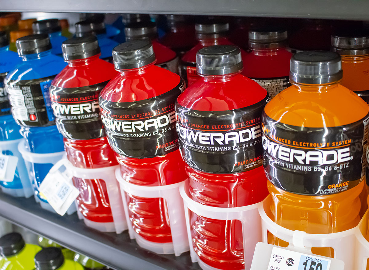 powerade sports drink bottles on store shelf