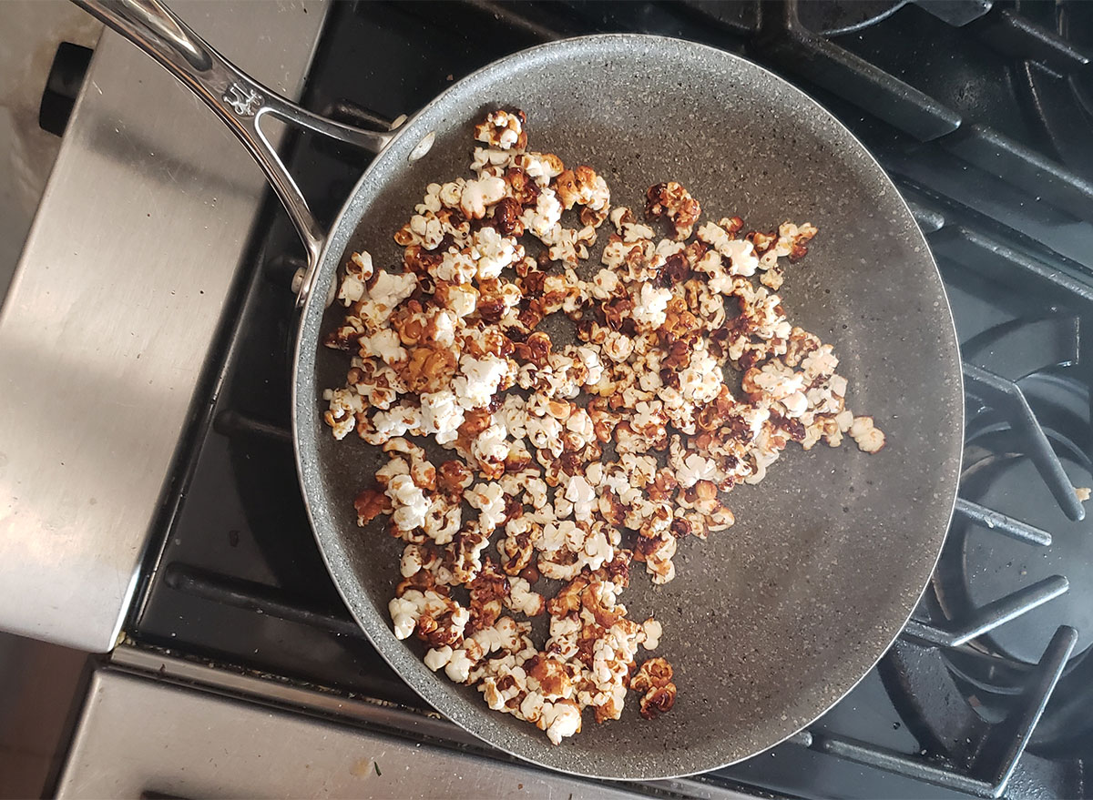 skittles popcorn in pan on stovetop