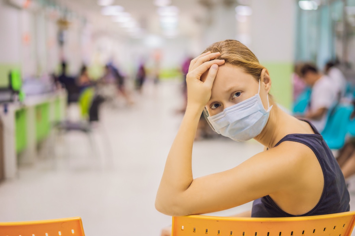 Woman in a medical mask Patients In Doctors Waiting Room