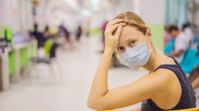 Woman in a medical mask Patients In Doctors Waiting Room