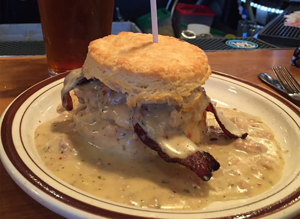 fried chicken biscuit sandwich with gravy