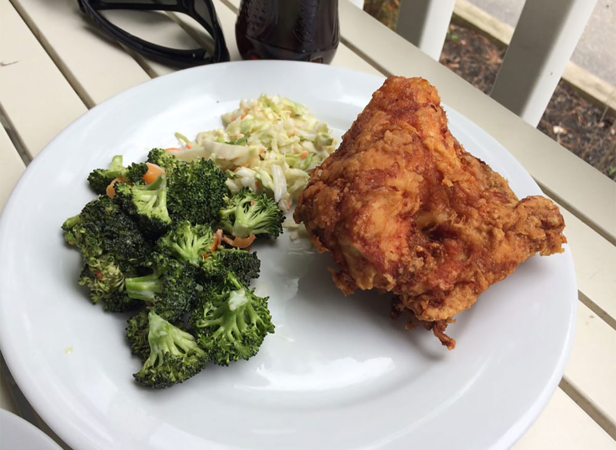 fried chicken breast with broccoli and coleslaw
