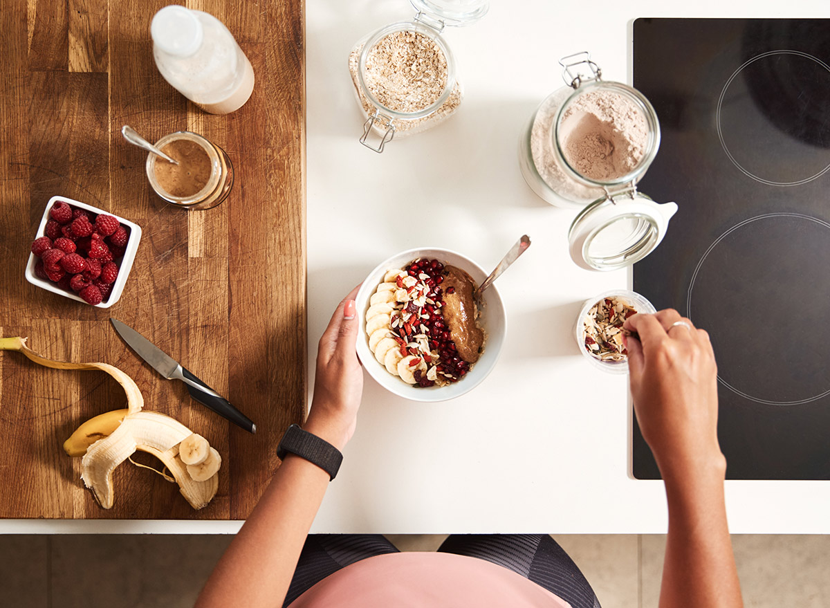 eat healthy breakfast table with oatmeal