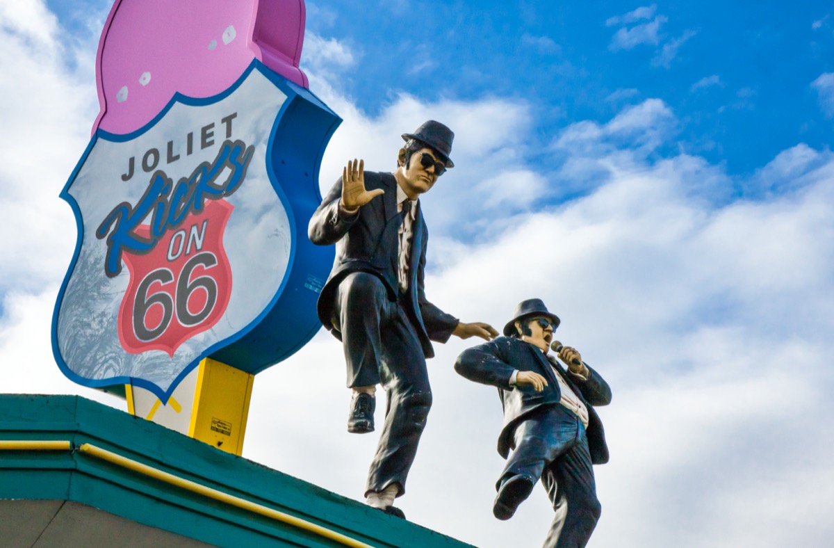 Joliet, Illinois, Route 66, the Blues Brother statue on a old small restaurant