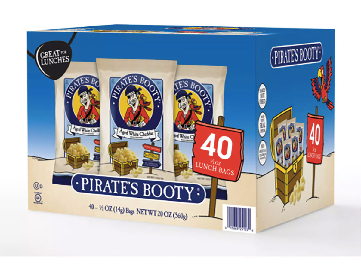 box of pirates booty cheddar puffs snack bags