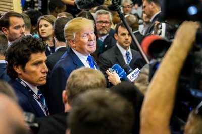 President Donald Trump talks to the media