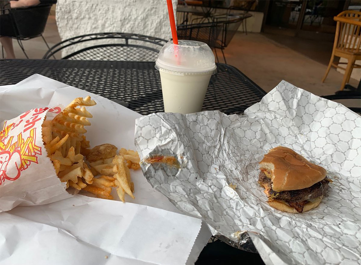 vanilla milkshake with burger and fries