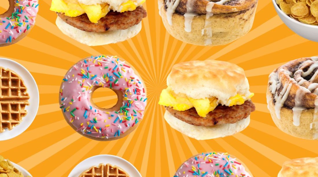 breakfast foods on an orange background