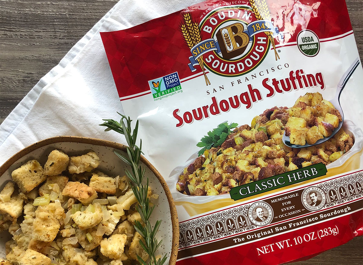 boudin sourdough stuffing mix with bowl of stuffing