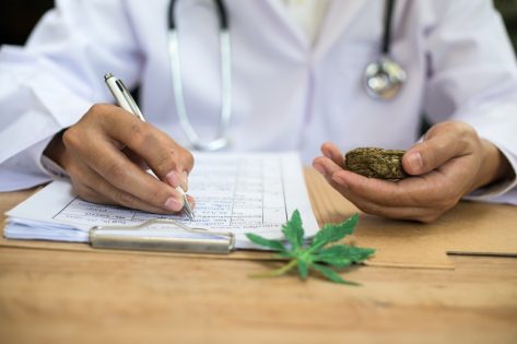 Doctor writing down marijuana research.