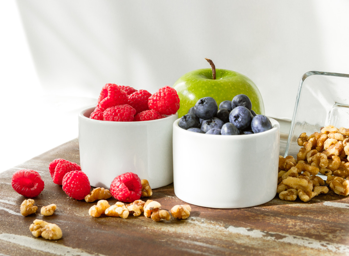 fresh fruit raspberries blueberries apple walnuts