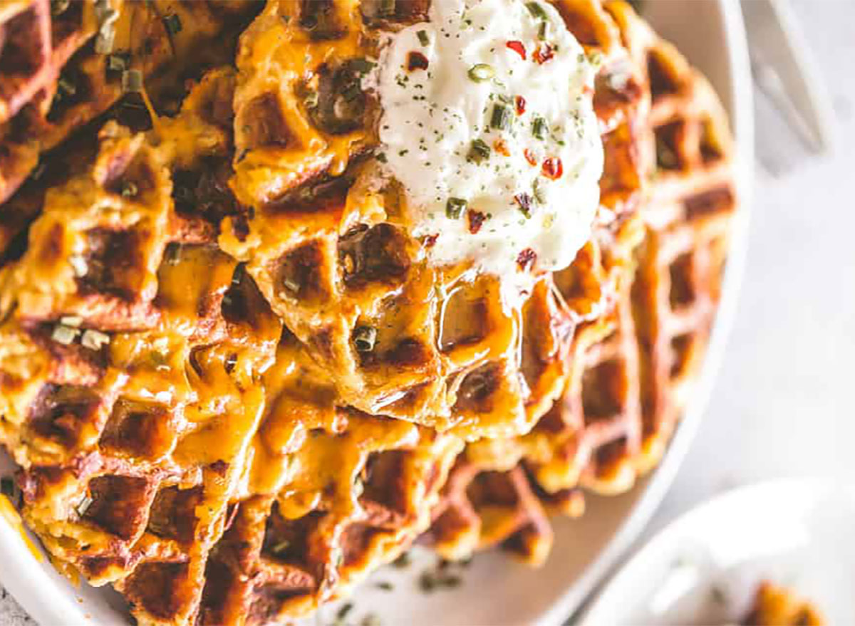 mashed potato waffles topped with sour cream