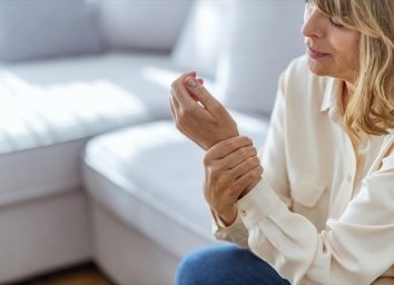 Senior woman suffering from pain in hand at home.
