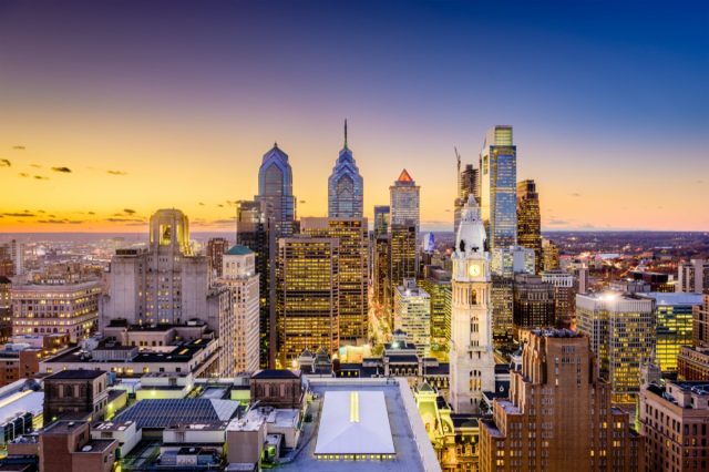 Philadelphia, Pennsylvania, USA downtown city skyline at dusk.