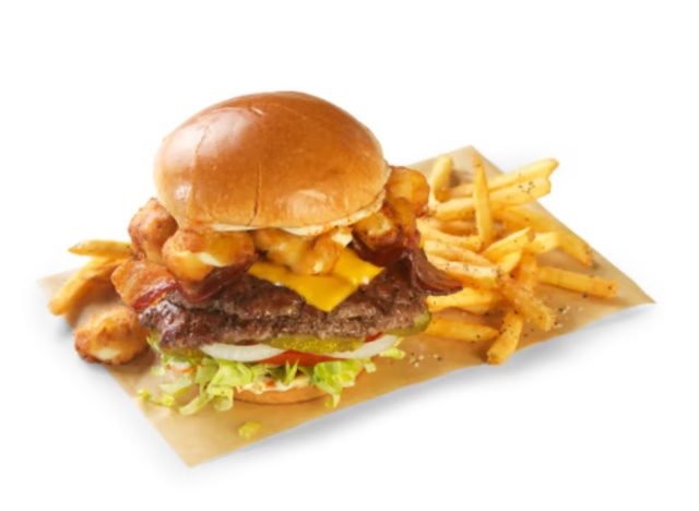 Cheese Curd Burger from Buffalo Wild Wings on a white background