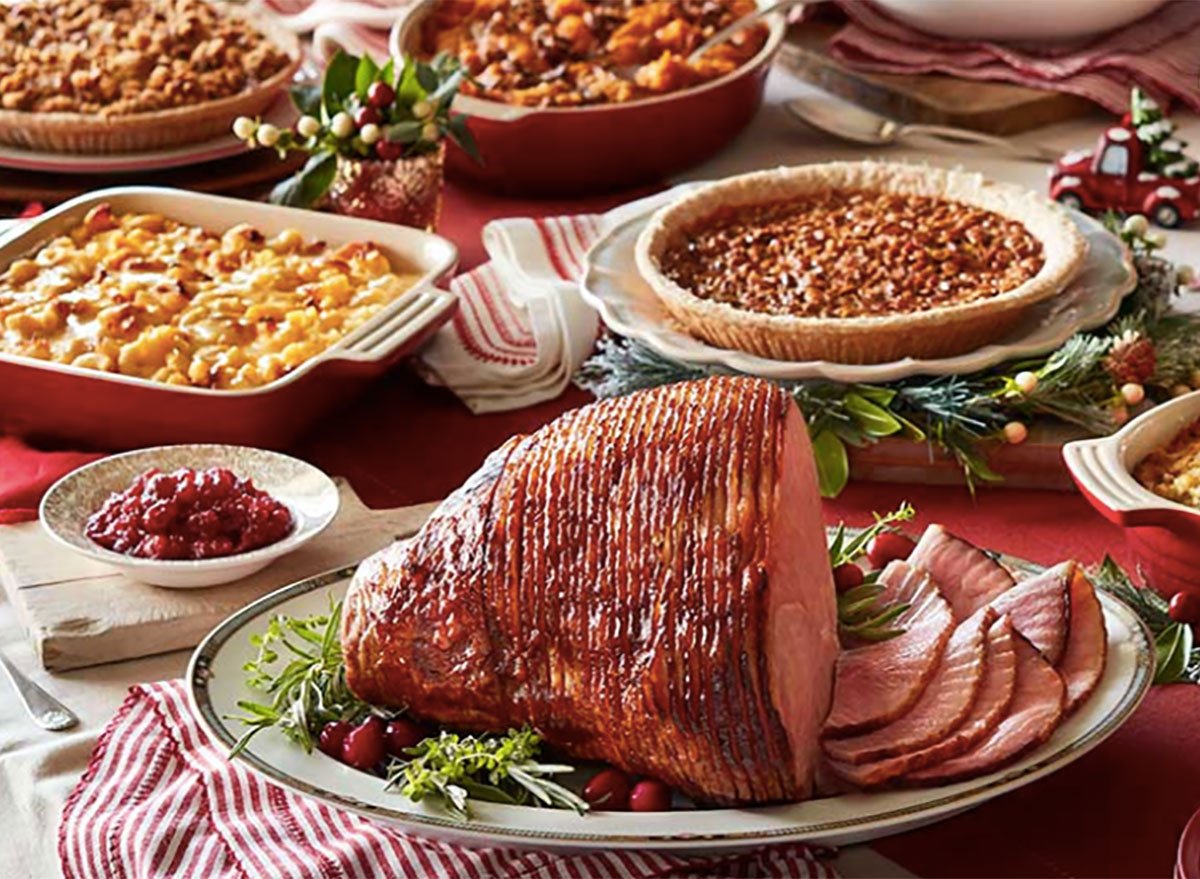 cracker barrel spiral ham with side dishes and pies