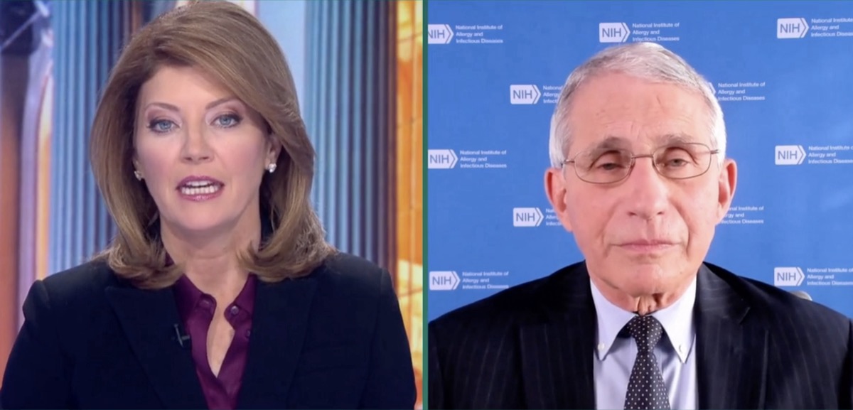 Dr. Anthony Fauci talking to Norah O'Donnell via Zoom video.