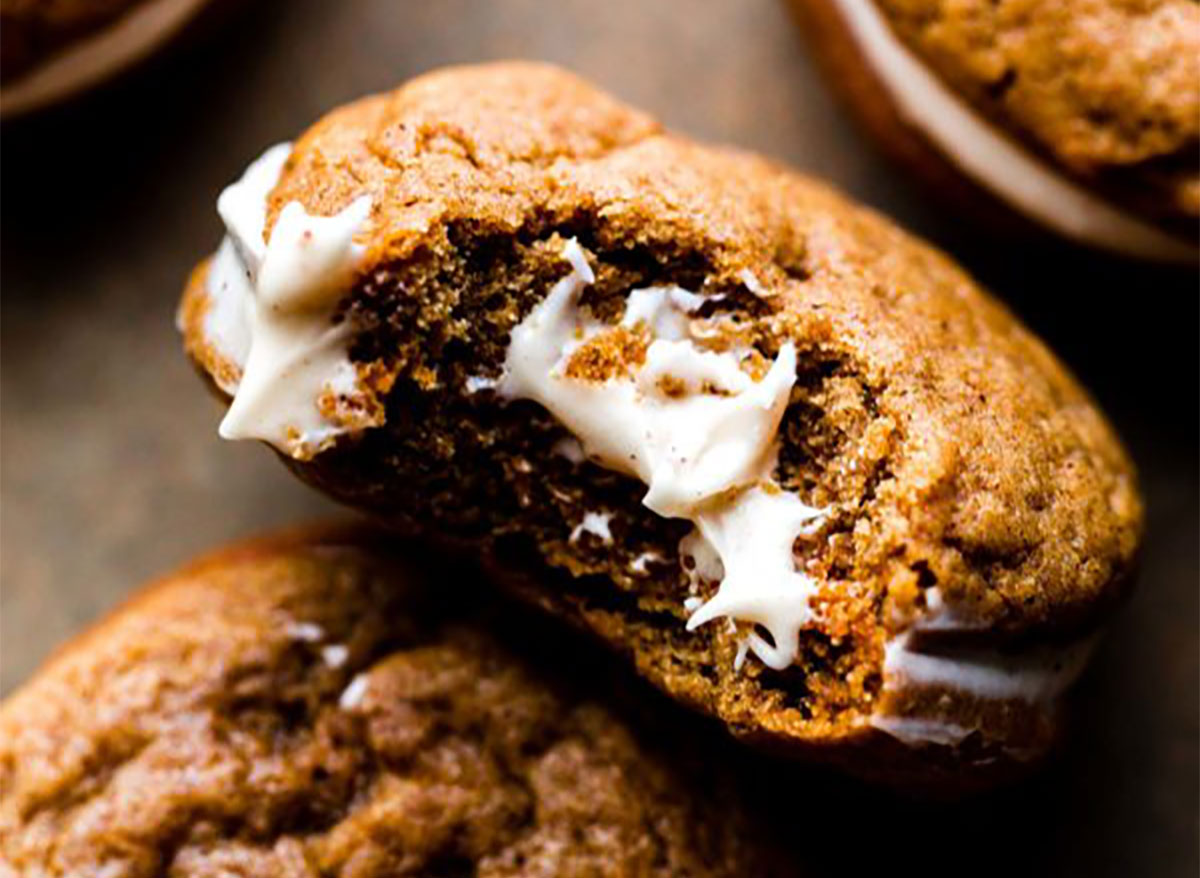gingerbread whoopie pie with bite out of it
