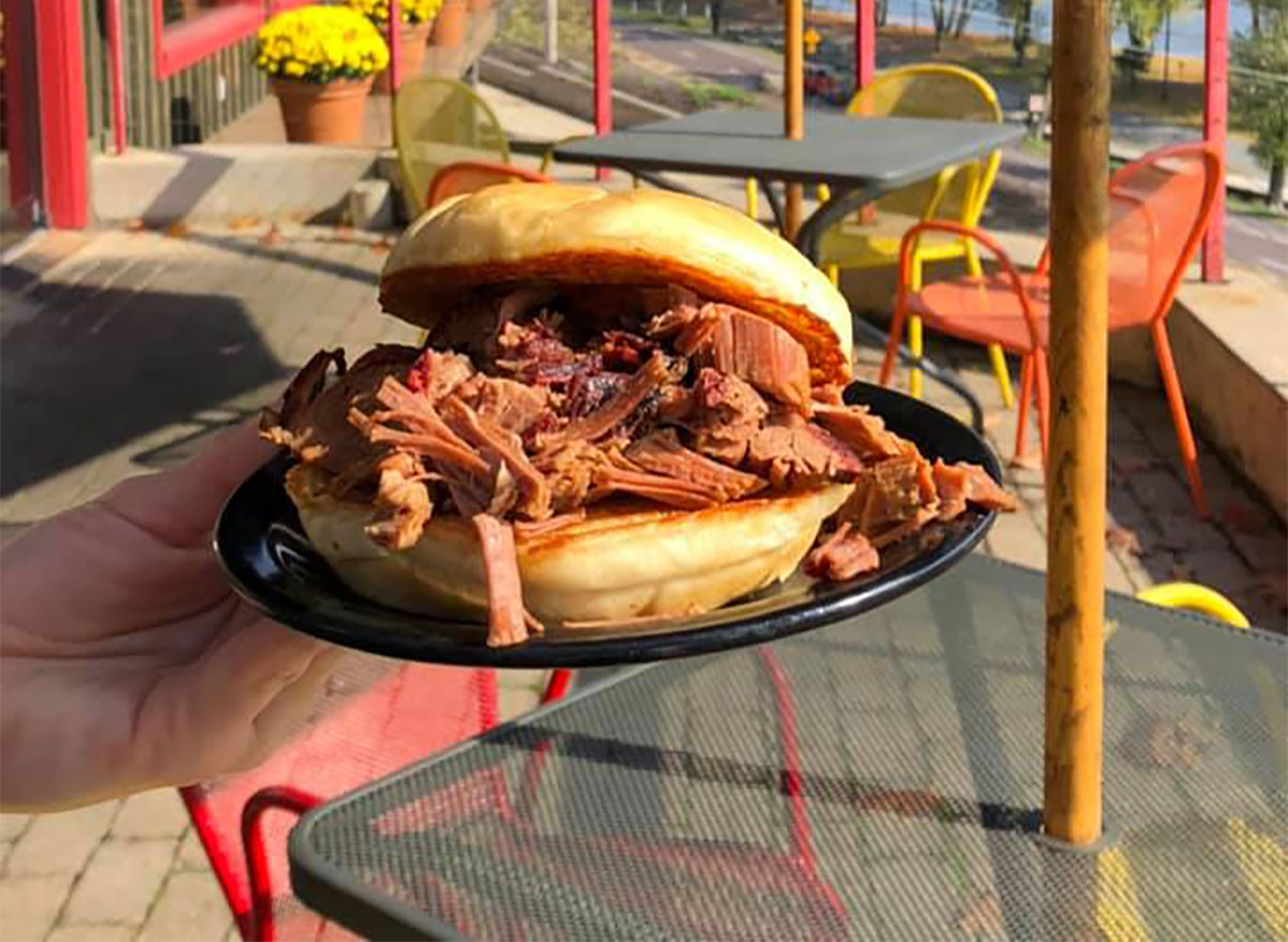 chopped brisket sandwich on plate