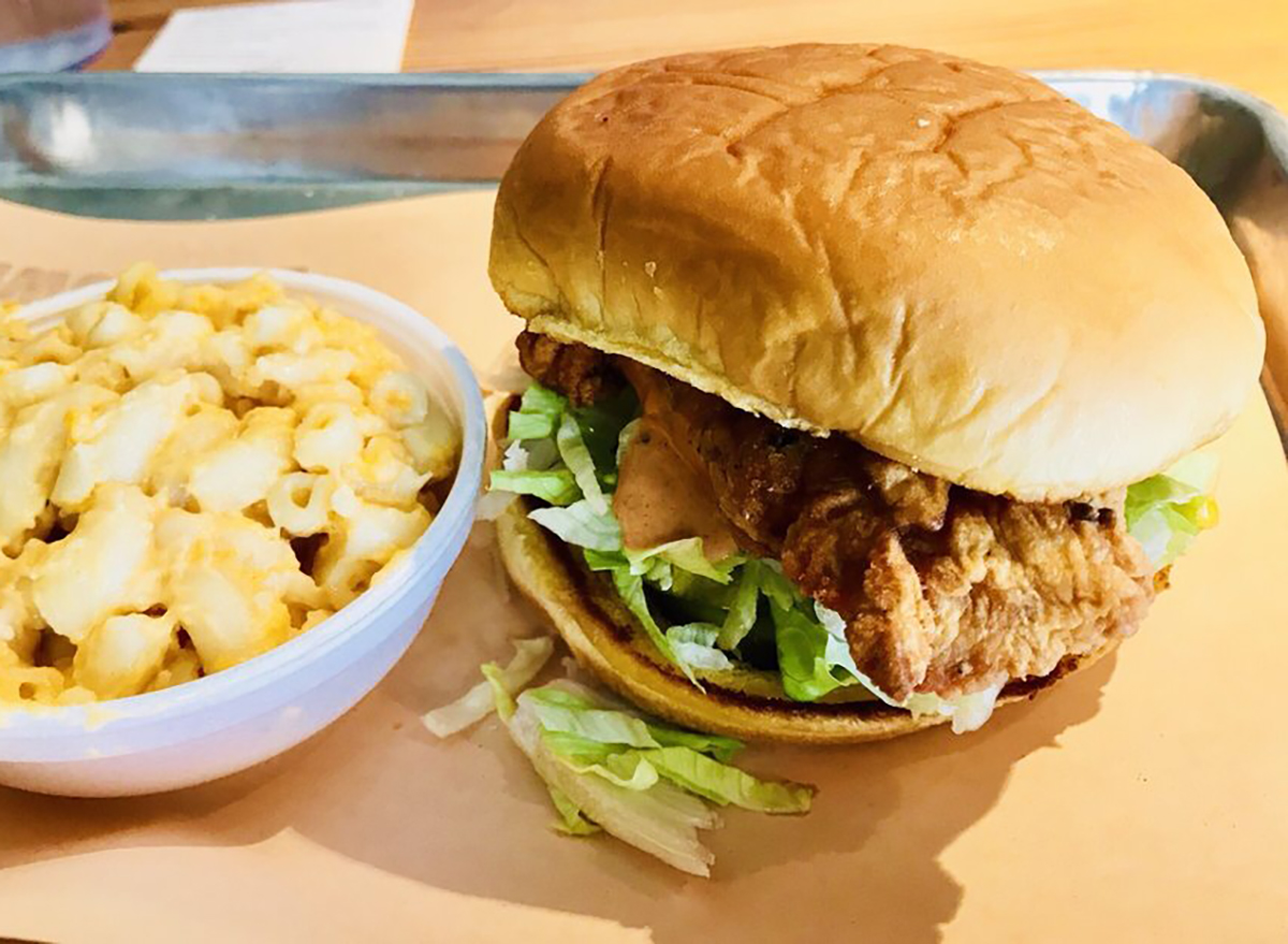 fried chicken sandwich with mac and cheese bowl