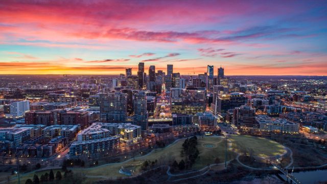 Downtown Denver, Colorado, USA Drone Skyline Aerial Panorama