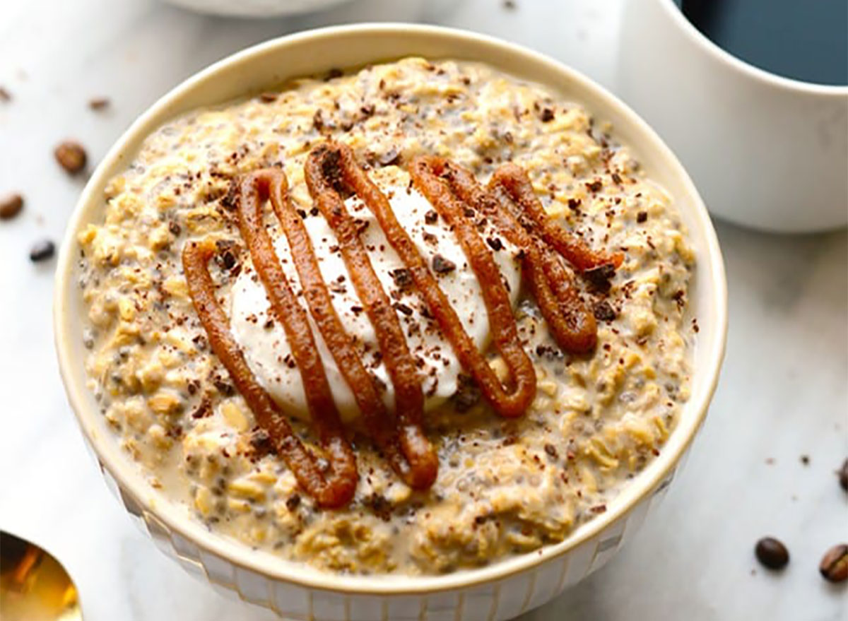 espresso overnight oats in a bowl