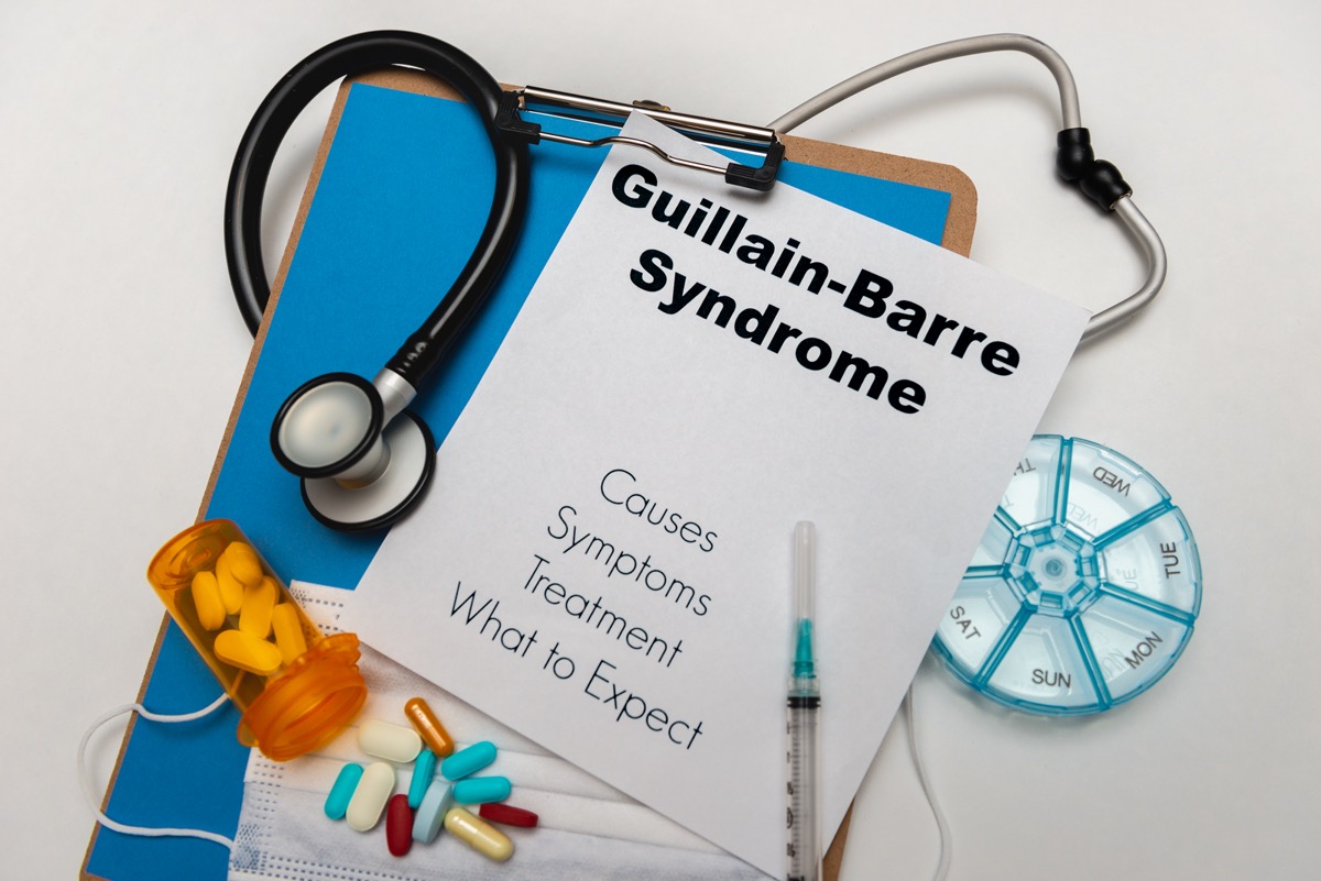 Guillain Barre Syndrome. Causes, symptoms, Treatment and what to expect in text on a clip boar​d.