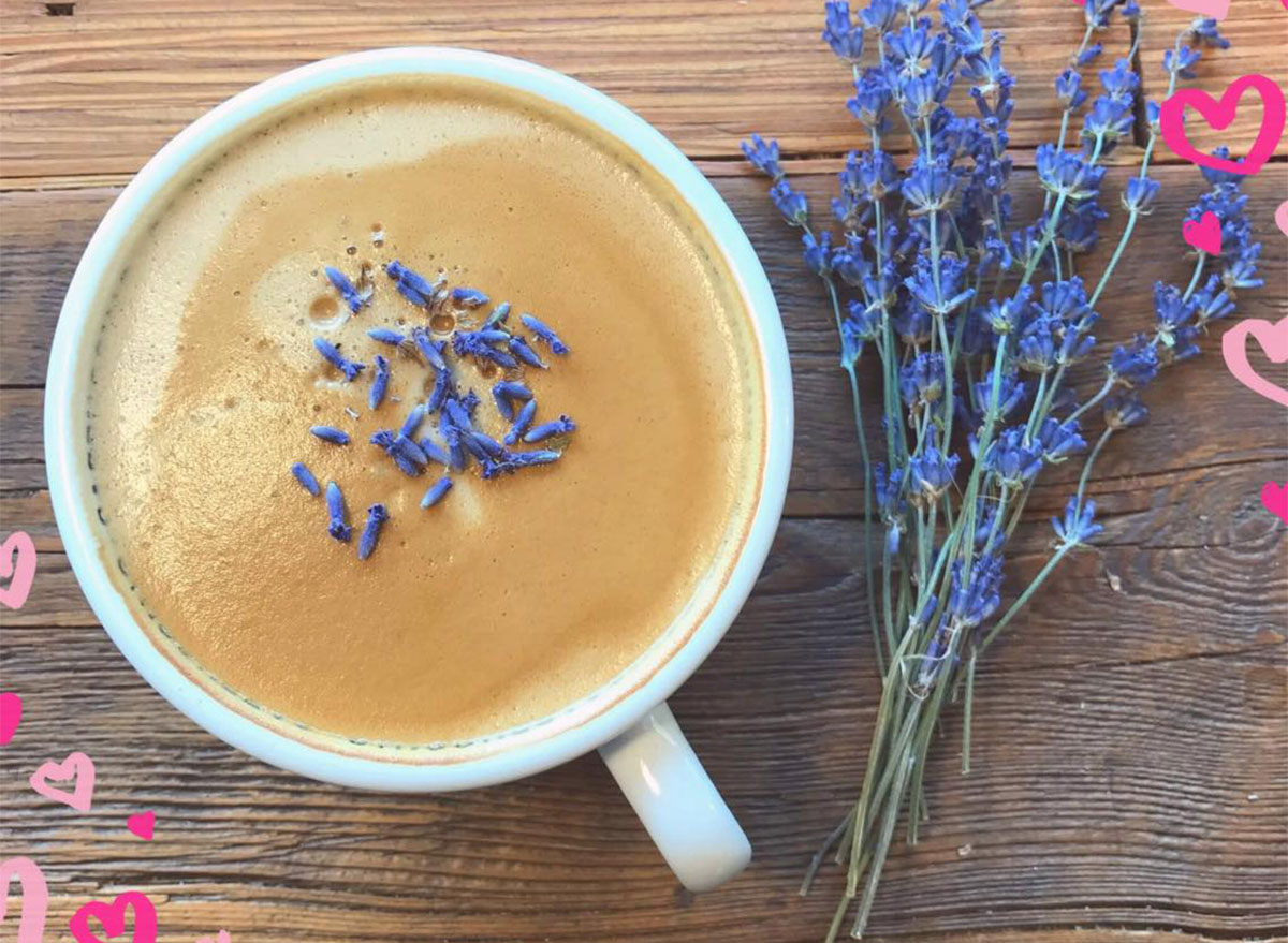 cup of coffee with sprigs of lavender