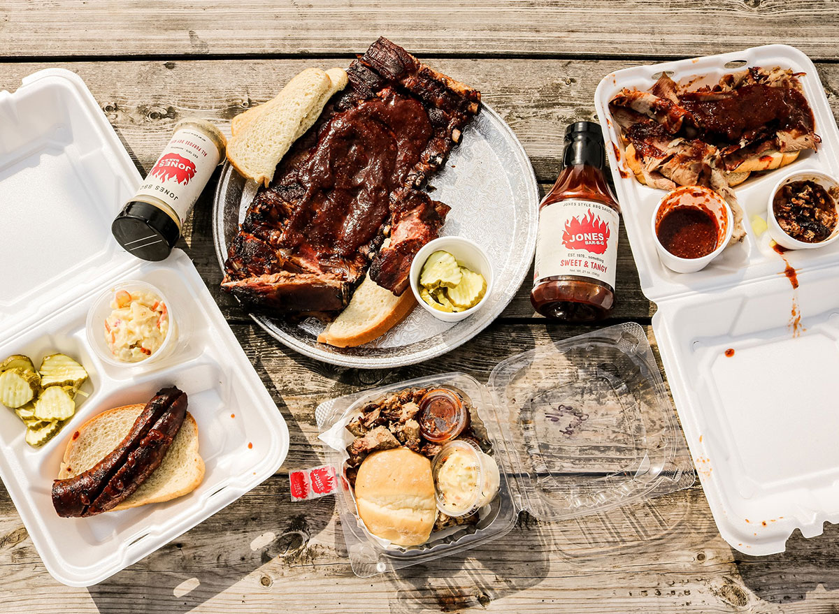 ribs and barbecue sauce bottles