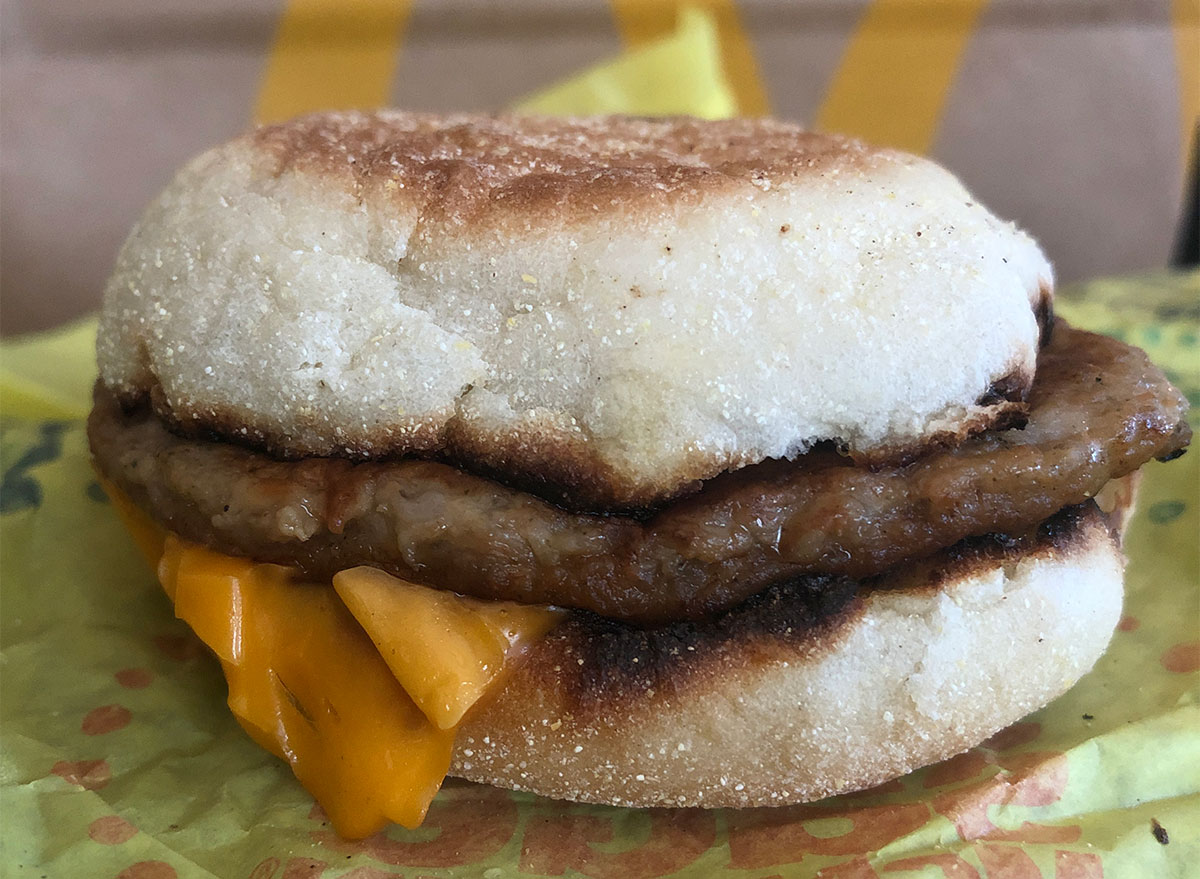 closeup of mcdonalds sausage mcmuffin with cheese
