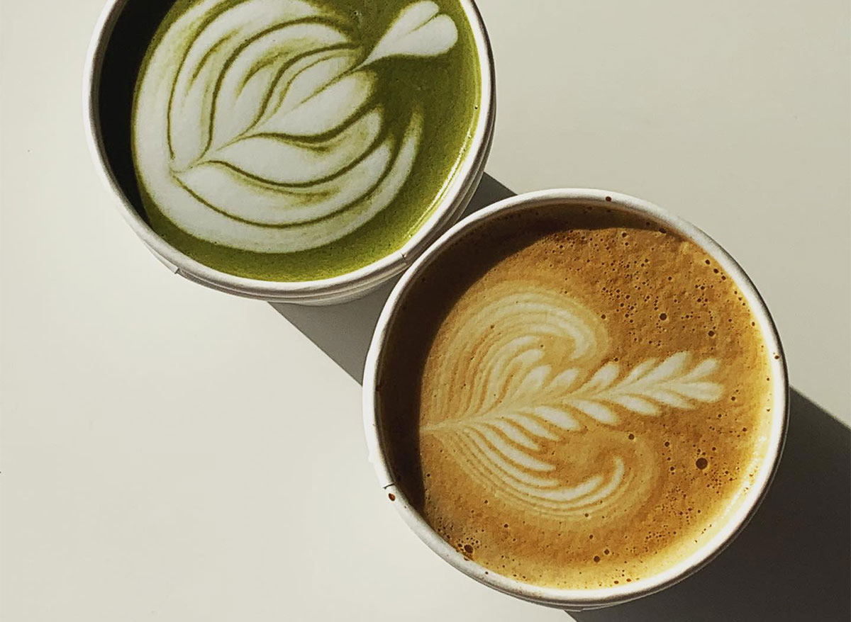 matcha and coffee lattes with latte art