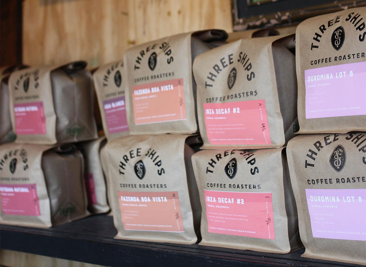 bags of coffee beans from three ships coffee company in virginia