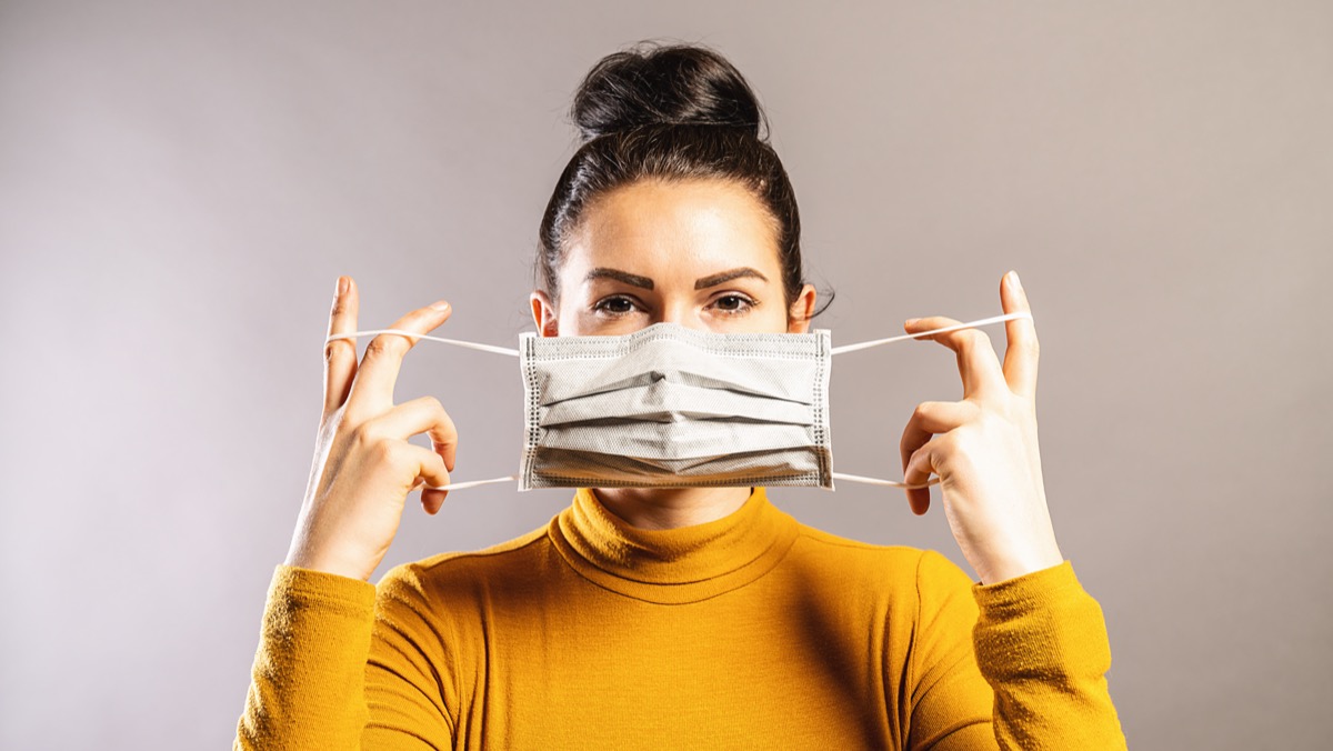 Woman wearing an anti virus protection mask.