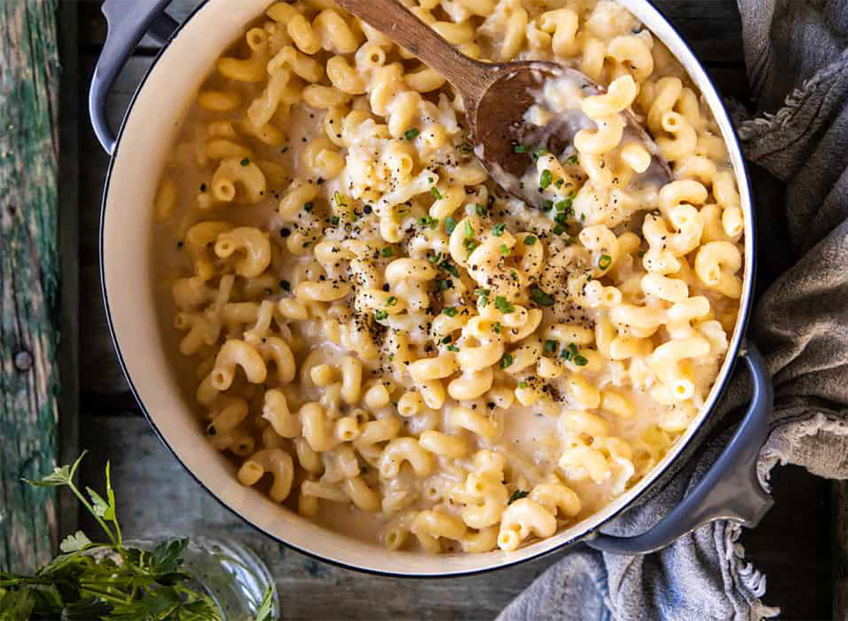 pot of spiral mac and cheese with cauliflower