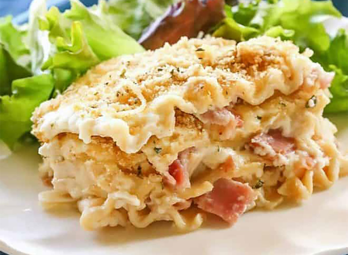 chicken cordon bleu lasagna on plate