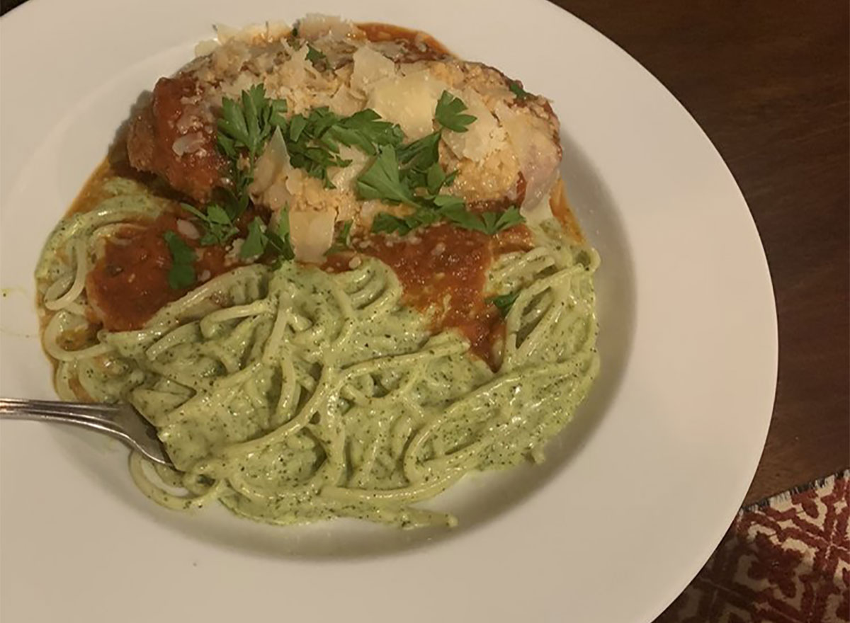 chicken parmesan with pesto linguine