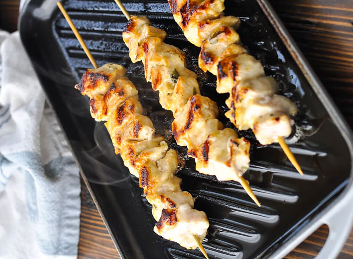 chicken souvlaki skewers on grill pan