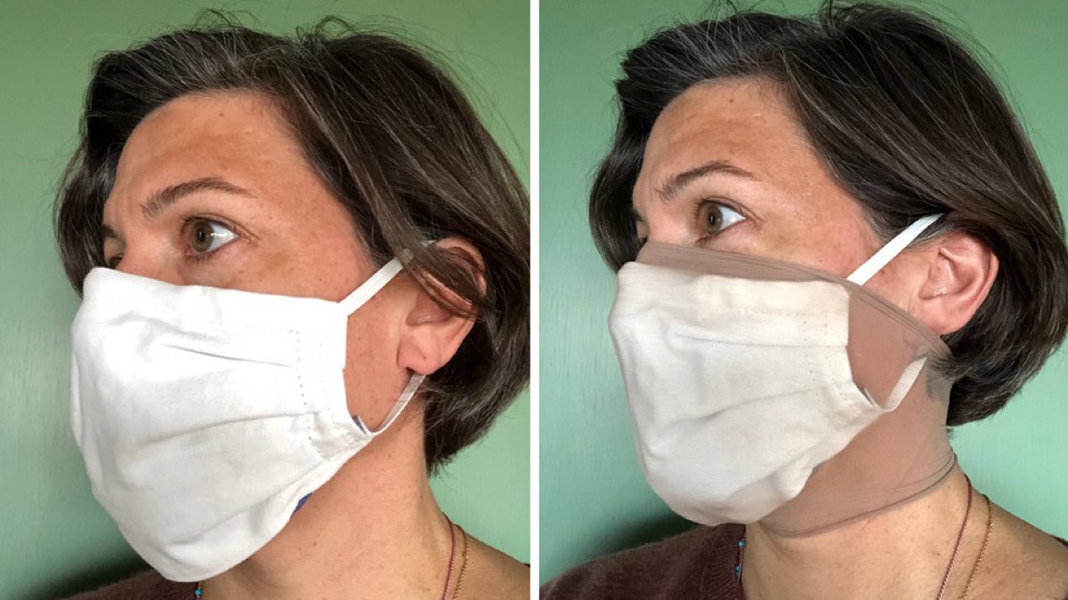 Woman wearing a nylon layer over a face mask.