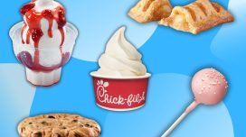 healthiest fast food desserts collage on blue background