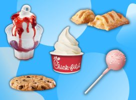 healthiest fast food desserts collage on blue background