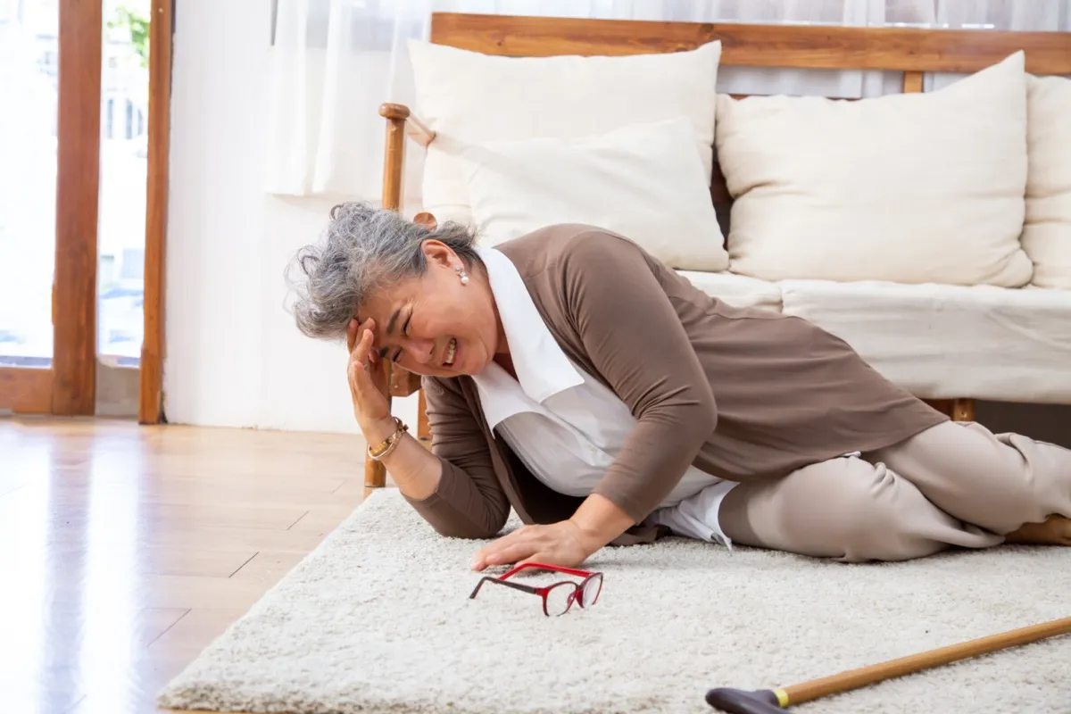 Elderly stroke, Asian older woman suffer fall.