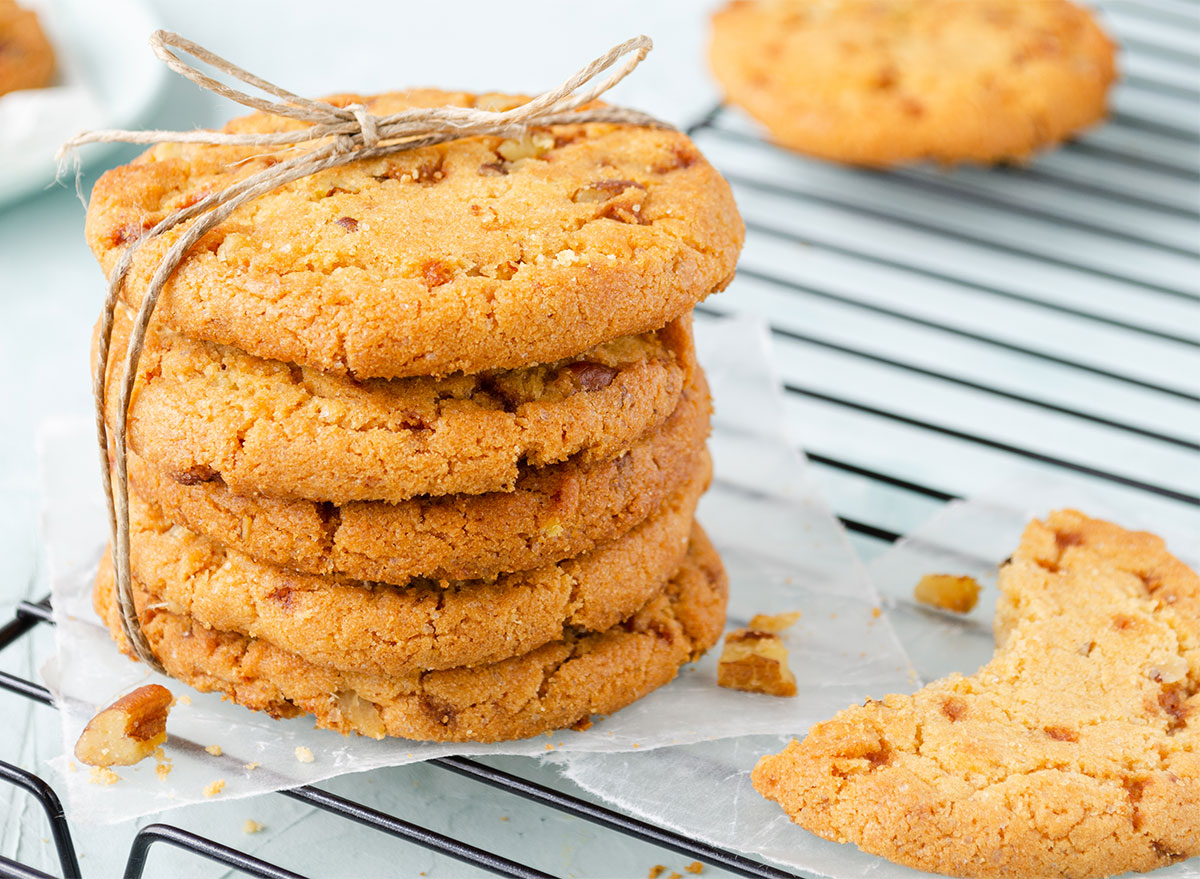 stack of chocolate chip pecan cookies tied with string