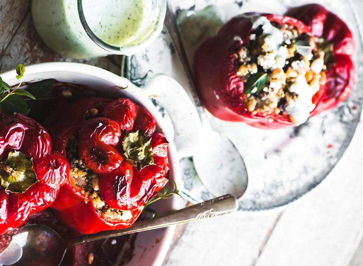 stuffed bell peppers in baking dish