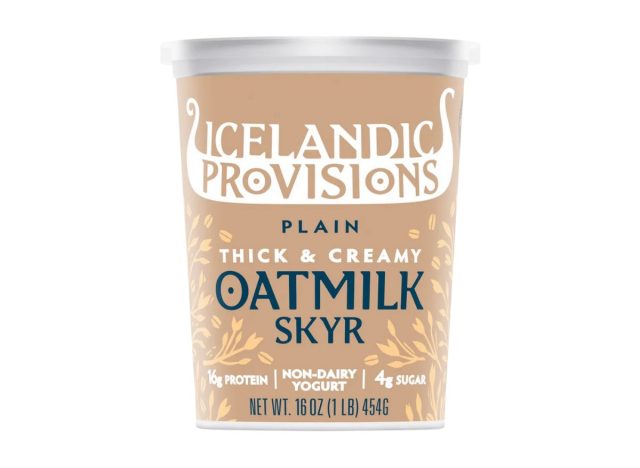 container of oatmilk skyr yogurt on a white background