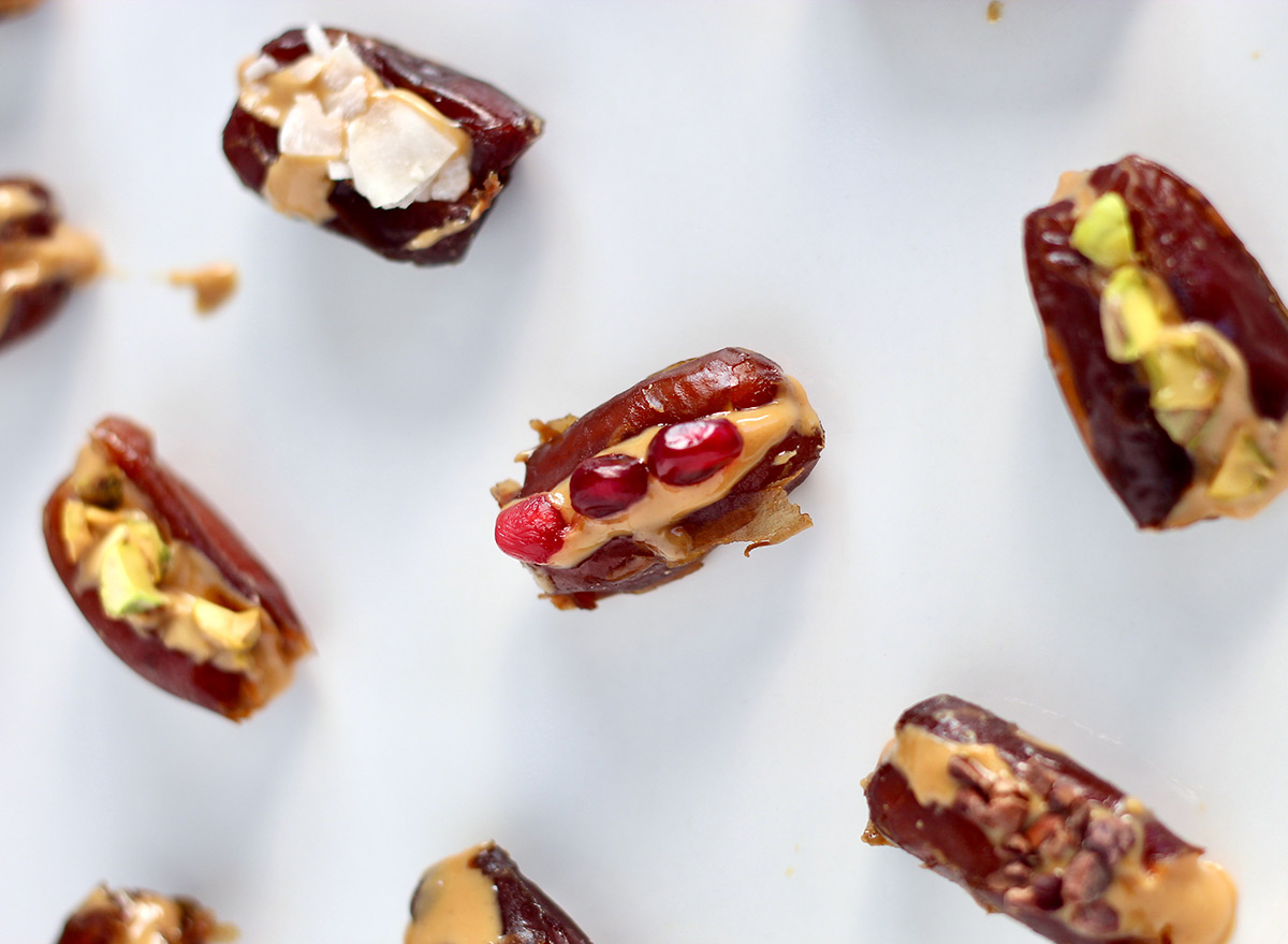 peanut butter stuffed dates with crunchy toppings