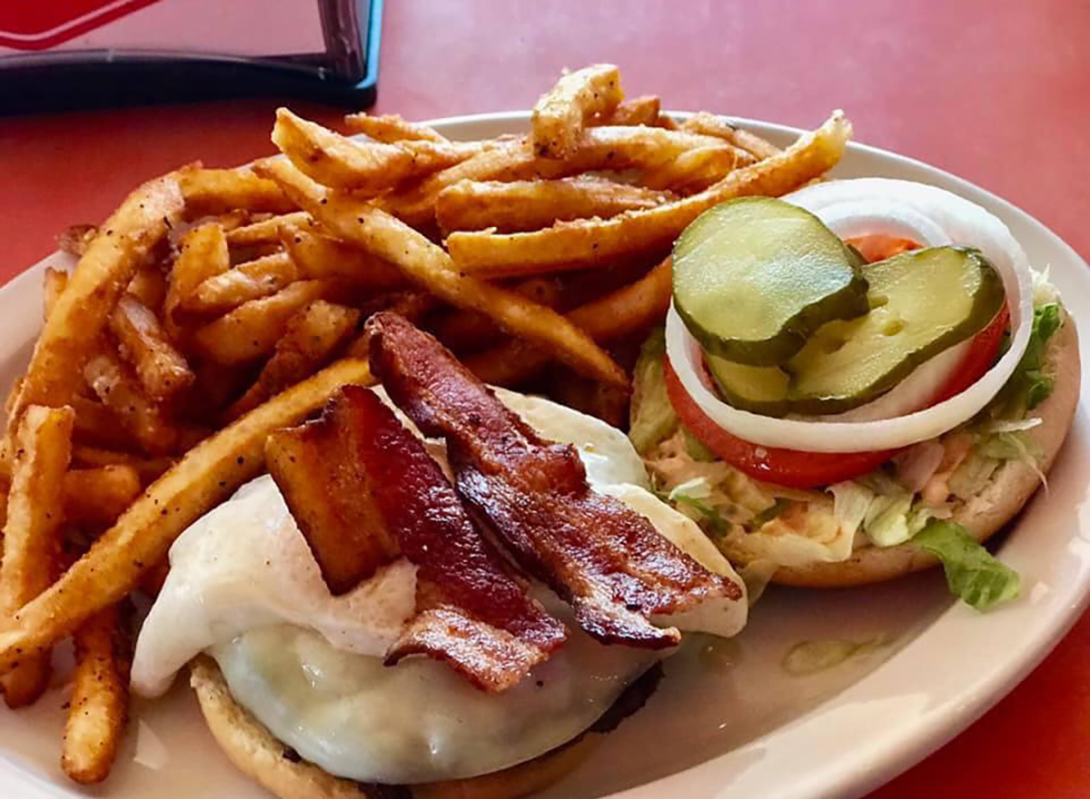 open face burger with bacon and fries