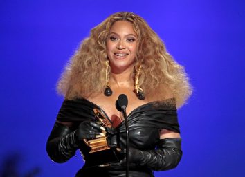 beyonce in black leather dress at 2021 grammys
