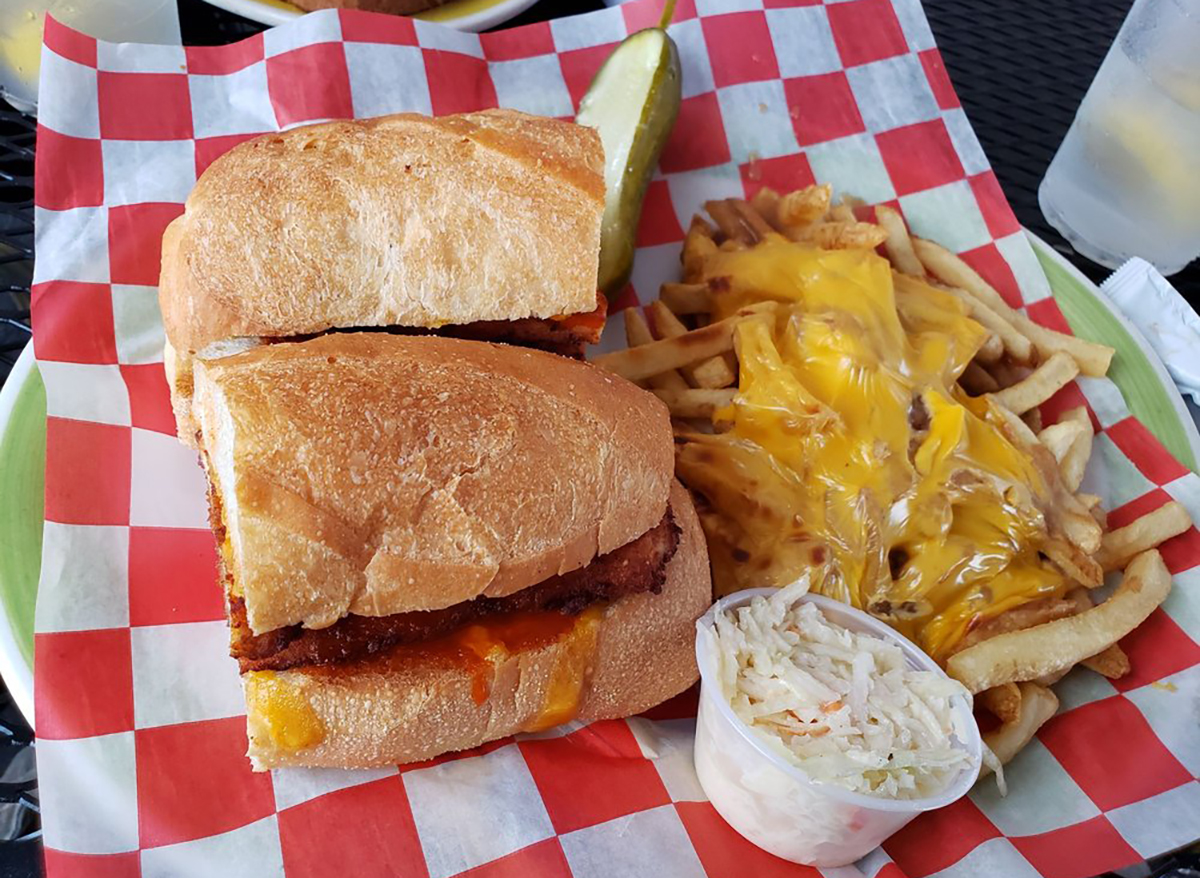 buffalo chicken sub with cheese fries and coleslaw