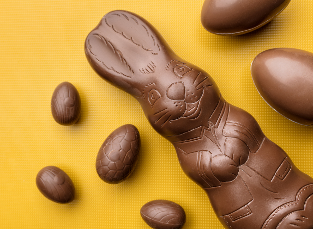chocolate easter bunny on yellow background