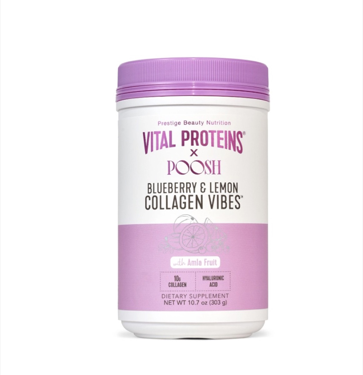 purple and white jar of collagen vibes powder